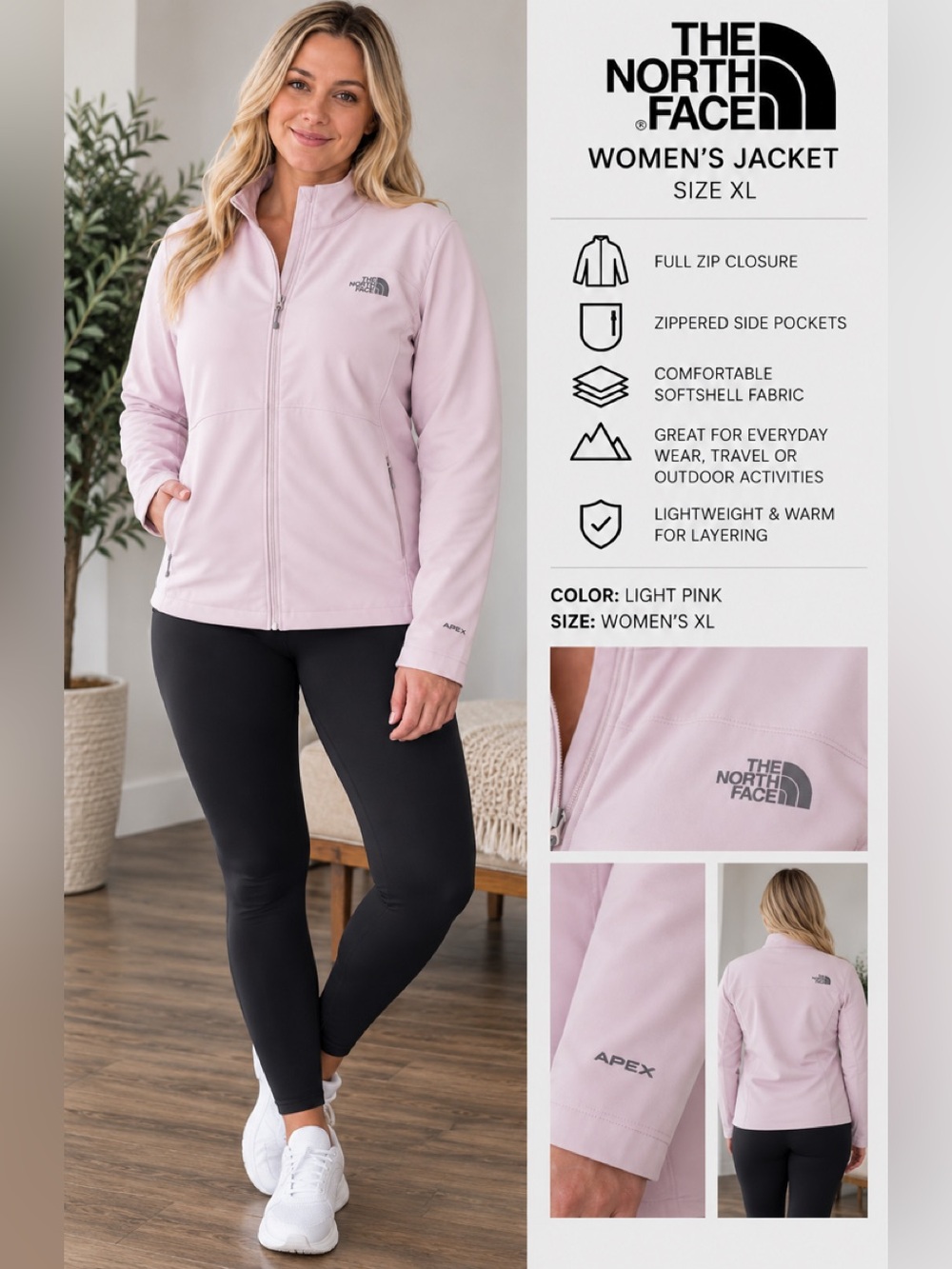 The North Face Women's XL Light Pink Softshell Jacket waterproof fleece lined